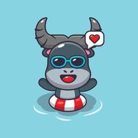 Cute buffalo cartoon mascot character swimming on pool vector