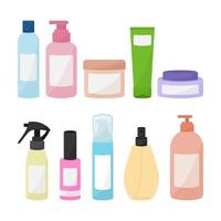 Cosmetics in bottles set. Shampoo, facial wash, little, cream, spray, balm. vector