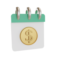 Calendário de objeto de ilustração 3d, dinheiro de moeda pode ser usado para web, aplicativo, gráfico de informações, etc png