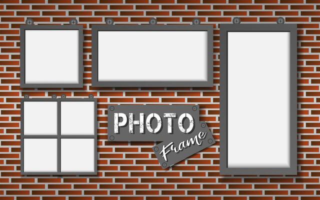 collection of Photo frames with nuts and bolts, realistic vector decoration photos of various sizes on red brick wall illustration background