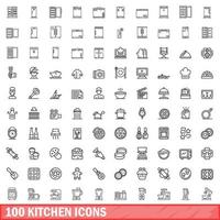 100 kitchen icons set, outline style vector