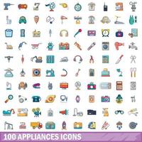 100 electrodomésticos, conjunto de iconos de estilo de dibujos animados vector