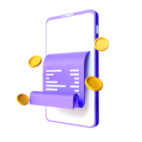 3D Paper financial bill of transaction receipt payment icon. Digital invoice and paycheck. Coins and banknotes. mobile phone with paper bill png