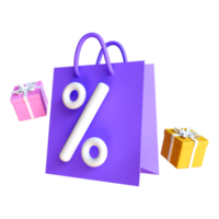 sacchetti di carta con una grande percentuale, concetto di codice promozionale, guadagnare punti e ottenere ricompense dallo shopping online. illustrazione di rendering 3d png