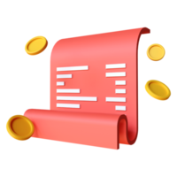 Icono de pago de recibo de transacción de factura financiera en papel 3d. factura digital y cheque de pago. monedas y billetes. teléfono móvil con factura en papel png