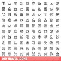 100 travel icons set, outline style vector