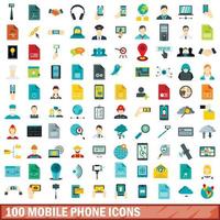 100 mobile phone icons set, flat style vector