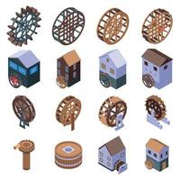 Water mill icons set, isometric style vector