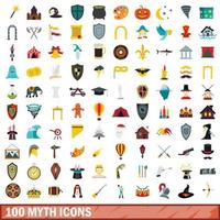 100 myth icons set, flat style vector