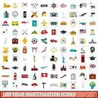 100 tour investigation icons set, flat style