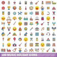 100 iconos de vacaciones de música, estilo de dibujos animados vector