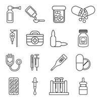 conjunto de iconos de medicina de drogas, estilo de esquema vector