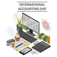 Accounting day concept background, isometric style vector