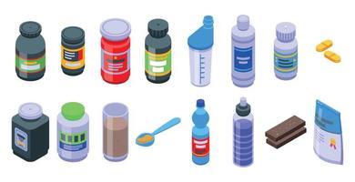 Sports nutrition icons set, isometric style vector