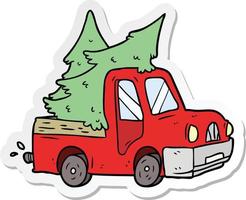 sticker of a cartoon pickup truck carrying trees vector