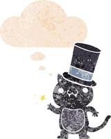 cartoon cat wearing top hat and thought bubble in retro textured style vector