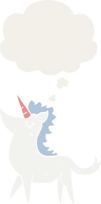 cartoon unicorn and thought bubble in retro style