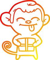 warm gradient line drawing funny cartoon monkey with christmas present vector