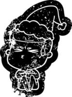 cartoon distressed icon of a man sweating wearing santa hat vector