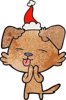 textured cartoon of a dog sticking out tongue wearing santa hat