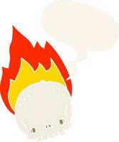 spooky cartoon flaming skull and speech bubble in retro style vector