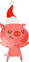 happy retro cartoon of a pig wearing santa hat vector