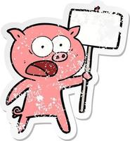 distressed sticker of a cartoon pig protesting vector