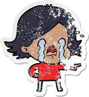 distressed sticker of a cartoon woman crying vector