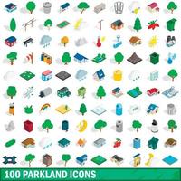 100 parkland icons set, isometric 3d style vector