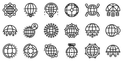 Global network icons set, outline style vector