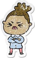 distressed sticker of a cartoon angry woman vector