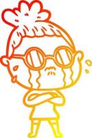 warm gradient line drawing cartoon crying woman wearing spectacles vector