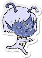 distressed sticker of a cartoon alien girl vector