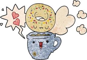 cute cartoon donut and coffee and speech bubble in retro texture style vector