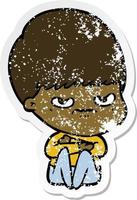 distressed sticker of a cartoon angry boy sitting vector