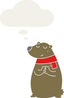 cartoon bear wearing scarf and thought bubble in retro style vector