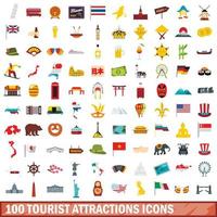 100 iconos de atracciones turísticas, estilo plano vector