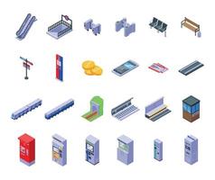 Subway ticket machine icons set isometric vector. Vending atm vector