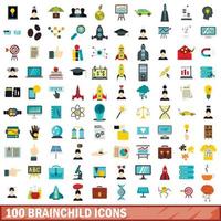 100 brainchild icons set, flat style vector