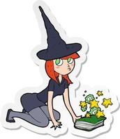 sticker of a cartoon witch and spell book vector