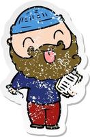 distressed sticker of a man with beard sticking out tongue vector