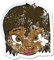 retro distressed sticker of a cartoon female face vector