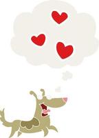 cartoon dog with love hearts and thought bubble in retro style vector