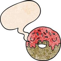donut de dibujos animados y burbuja de habla en estilo de textura retro vector