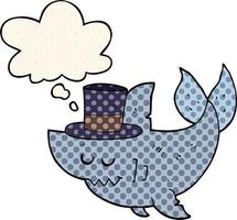 cartoon shark wearing top hat and thought bubble in comic book style vector