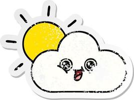 distressed sticker of a cute cartoon cloud and sunshine vector