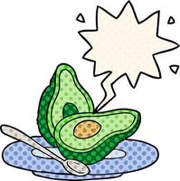 cartoon halved avocado and speech bubble in comic book style vector