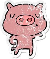 distressed sticker of a cartoon pig pointing vector