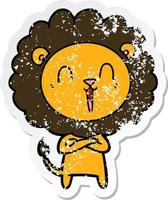 distressed sticker of a laughing lion cartoon vector