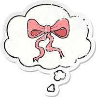 cartoon bow and thought bubble as a distressed worn sticker vector